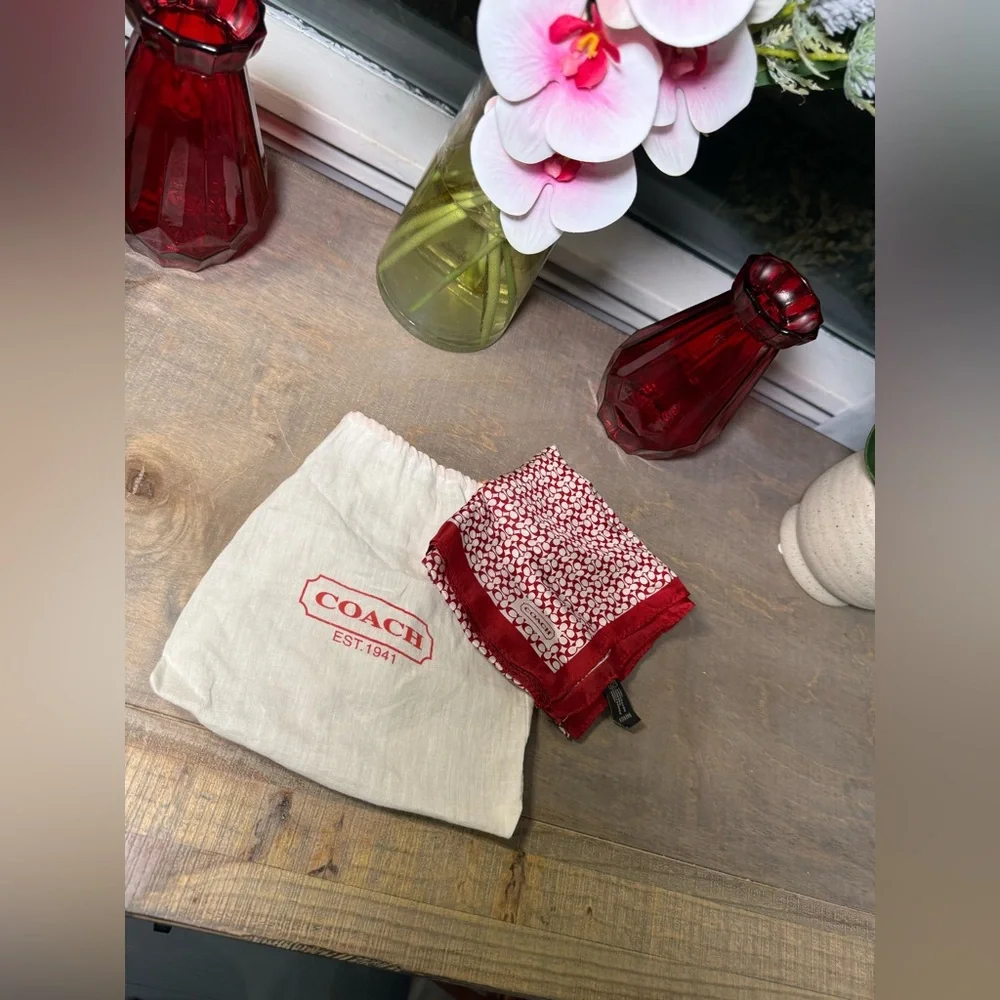 COACH Signature Print Silk Square Scarf in red. - Picture 3 of 7